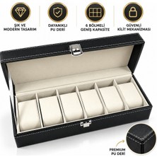 Partenya Premium 6'lı Saat Kutusu Siyah Pu Deri Şeffaf Pvc Kapaklı Kilitli Saat Saklama Organizeri