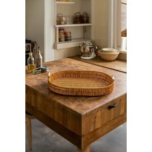 iselahome Valera Rattan Dekoratif Sepet Sunum Servis Tepsisi Ahşap Saplı Oval Sepet 37 cm