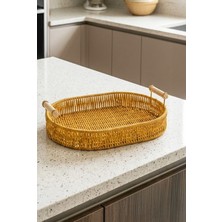 iselahome Valera Rattan Dekoratif Sepet Sunum Servis Tepsisi Ahşap Saplı Oval Sepet 28 cm