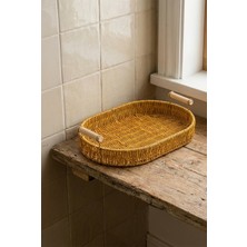 iselahome Valera Rattan Dekoratif Sepet Sunum Servis Tepsisi Ahşap Saplı Oval Sepet 33 cm