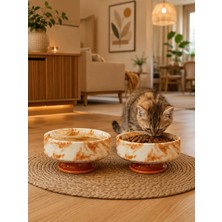 Feray Home Mama Kabı Kedi ve Köpek Ayaklı 2 Li Seramik Doğal Mama ve Su Kabı Kahverengi Marble