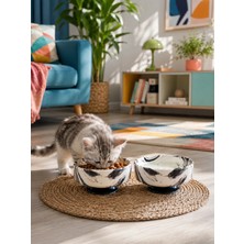 Feray Home Mama Kabı Kedi ve Köpek Ayaklı 2 Li Seramik Doğal Mama ve Su Kabı Siyah Marble