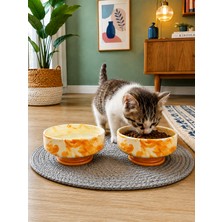 Feray Home Mama Kabı Kedi ve Köpek Ayaklı 2 Li Seramik Doğal Mama ve Su Kabı Soft Sarı Marble