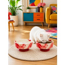 Feray Home Mama Kabı Kedi ve Köpek Ayaklı 2 Li Seramik Doğal Mama ve Su Kabı Kırmızı Marble