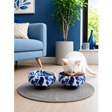 Feray Home Mama Kabı Kedi ve Köpek Ayaklı 2 Li Seramik Doğal Mama ve Su Kabı Lacivert Marble