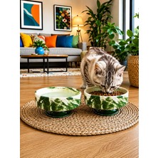 Feray Home Mama Kabı Kedi ve Köpek Ayaklı 2 Li Seramik Doğal Mama ve Su Kabı Yeşil Marble
