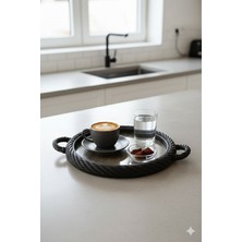 iselahome Nevora Örgü Desenli Kahve Sunum Tepsisi 4'lü Set Yuvarlak Siyah