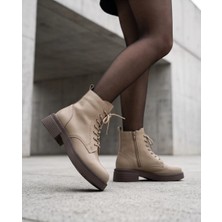 Futsi Shoes Ravenna Vizon Hakiki Deri Bağcıklı Kalın Taban Günlük Kadın Bot