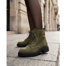Futsi Shoes Ravenna Haki Hakiki Deri Süet Bağcıklı Kalın Taban Günlük Kadın Bot