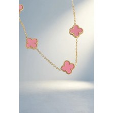 Gold Pembe Renk Yonca Kadın Kolye Çelik Zincir