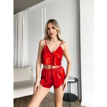 MTM My The Mall Giyim Kırmızı Ince Askılı Saten Şortlu Takım