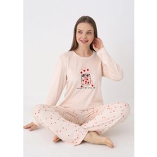 Yare Pembe Kalp Desenli Kadife Pijama Takımı
