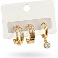 Serelya Pirinç Zirkon Taşlı Halka Model Gold Renk 3'lü Çift Kadın Küpe Set