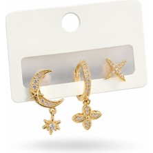Serelya Pirinç Zirkon Taşlı Çiçek ve Ay Model Gold Renk 3'lü Çift Kadın Küpe Set