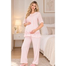 Quilling Bebe Pembe Renkli Dantel Detaylı, 33206 Kısa Kol, 2 Parça Lohusa Hamile Pijama Takımı