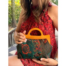 Jophiel Atelier Penalope Collection - Zincirli, Ahşap Burslu Kumaş Çanta, Clutch, El Çantası, Çanta