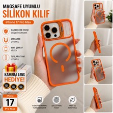 iPhone 17 Pro Max Uyumlu Magsafe Kılıf Mat Şeffaf Silikon Darbe Korumalı Turuncu + Kamera Lens Koruyucu