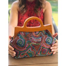 Jophiel Atelier Penalope Collection - Zincirli, Ahşap Burslu Kumaş Çanta, Clutch, El Çantası, Çanta