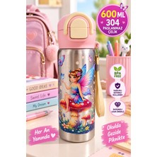 Medushop Pembe 600 ml Çocuk Çelik Matara 304 Bpa Free 2 Kademeli Pipetli Kilitli Okul Suluğu