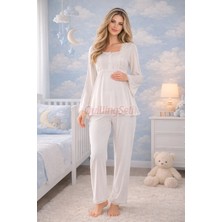 Quilling Ekru Renkli, Dantel Detaylı, 33205 Uzun Kol, 2 Parça Lohusa Hamile Pijama Takımı