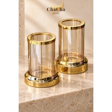 YNSK ChaCha Home 2'li Gold Cam Mumluk Şamdan Seti Silindir Cam Gövde Dekoratif Salon Konsol ve Yemek Masası Mumluğu