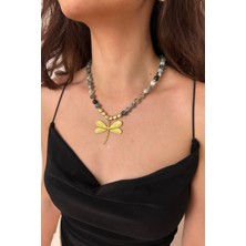 Suerte Accessories Çelik Yusufçuk Figür Uçlu Prinayt ve Akik Doğal Taş El Yapımı Özel Tasarım Kadın Doğaltaş Kolye