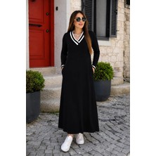 Trend Metkar Kadın Uzun Kollu V Yakalı Cepli Uzun Viskon Iki Iplik Elbise