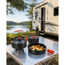 Alüminyum Kamp Pişirme Seti Katlanabilir Kulplu Çaydanlık Tencere Tava Outdoor Yemek Seti