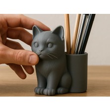 Bezos 3D Baskı Kedi Figürlü Kalemlik - Masaüstü Organizer - Gri