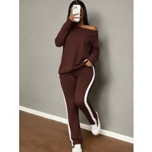 Ulak Hand Mader Ulak Handmader Kadın Tek Omuzdan Açık Uzun Kollu Viskon Iki Iplik Bluz ve Yan Şerit Detaylı Pantolon Ikili Takım
