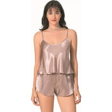 Fantastik Store Şık Tasarım Yumuşak Dokulu Vizon Saten Babydoll Şort Takımı