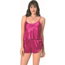 Fantastik Store Şık Tasarım Yumuşak Dokulu Vişne Saten Babydoll Şort Takımı