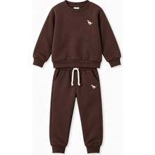 Yiğit Butik Erkek Çocuk Dinozor Nakışlı Bisiklet Yaka Sweatshirt Pantolon 2’li Alt Üst Takım