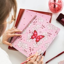 Mey İthalat A4 Spiralli Karton Kapak 2'li Set Çizgili Okul Defteri 80 Yaprak Ders Programlı Pembe Kelebek
