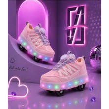Mey İthalat Garantili & Üst Kalite Işıklı Çocuk Paten Ayakkabısı | 4 Tekerlekli Kaykay Sneaker (29-37 Numara, Renk Pembe)