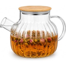 Mey İthalat Bambu Kapaklı Kendinden Süzgeçli Borosilikat Cam Demlik; 1000 ml Isıya Dayanıklı Termisil Cam Çay, Kahve ve Bitki Çayı Demliği, Cam Çaydanlık (Desenli)