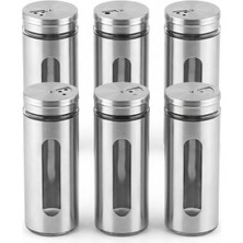 Mey İthalat Baharatlık; 6'lı Set Metal Kaplı Cam, 14 Cm, Şeffaf Pencereli, Döner Kapaklı, Paslanmaz Çelik Görünümlü Tuzluk ve Baharat Takımı