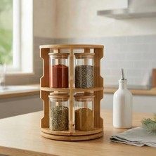 Mey İthalat Baharatlık Takımı; Doğal Bambu 360° Döner Standlı 10'lu Cam, Büyük Boy (250 Ml) Ahşap Kapaklı Baharat Takımı