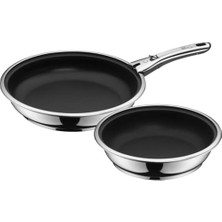 Mey İthalat Tava; Click&serve 3 Parça Seti, 24 cm ve 28 Cm, Çıkarılabilir Saplı, Indüksiyon Uyumlu, Yapışmaz Kaplamalı Cromargan® Yüksek Kaliteli Paslanmaz Çelik, Fırına Uygun
