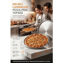 Mey İthalat 2'li Battal Boy Delikli Pizza Tepsisi; 36 cm Paslanmaz Çelik Lahmacun Pide Fırın Tabağı, Aile Boyu Çıtır Pişirme Seti 721315