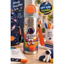 Medushop Astronot Desenli 600 ml Çelik Çocuk Suluğu Pipetli ve Direkt Içim Çift Kapaklı Taşıma Askılı