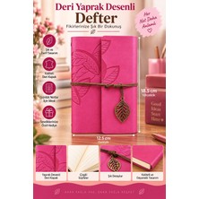 Yenilig Deri Yaprak Desenli Defter – Ipli Kapaklı Metal Yaprak Aksesuarlı Dekoratif Not Defteri 18,5 x 12,5 cm