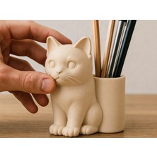 Bezos 3D Baskı Kedi Figürlü Kalemlik - Masaüstü Organizer - Bej
