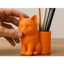 Bezos 3D Baskı Kedi Figürlü Kalemlik - Masaüstü Organizer - Turuncu