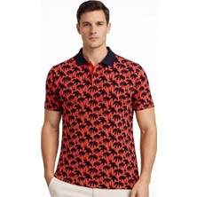 Ayessa Erkek Pike Kumaş Polo Yaka Palmiye Desenli Tişört Kısa Kol Yazlık T-Shirt - Kırmızı Kırmızı - Xl