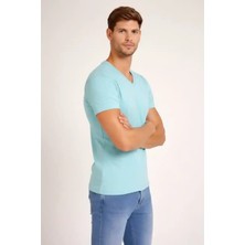 Ayessa Erkek Body T-Shirt V Yaka Slim Fit Likralı Kısa Kol Tişört - Turkuvaz Turkuaz - 2xl