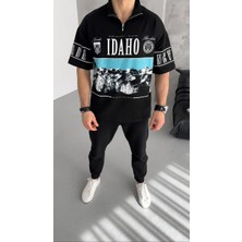 Ayessa Erkek  Baskılı Yarım Fermuarlı  kısa Kol T-Shirt - Siyah Siyah - 2xl