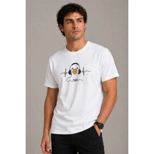 Ayessa Erkek Müzik Temalı Baskılı Tişört Bisiklet Yaka Kısa Kol T-Shirt - Beyaz Beyaz - Xs