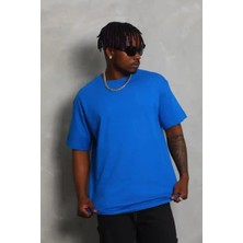 Ayessa Erkek Düz Yazlık Kısa Kol Tişört Bisiklet Yaka Oversize T-Shirt - Mavi Mavi - Xl