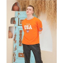 Ayessa Erkek Bisiklet Yaka Tişört Nakış Işlemeli Kısa Kol Oversize T-Shirt - Turuncu Turuncu - 2xl